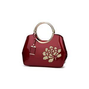 3867 Top-handle Handbags Purse Embroidered Flower Pattern Patent PU Tote